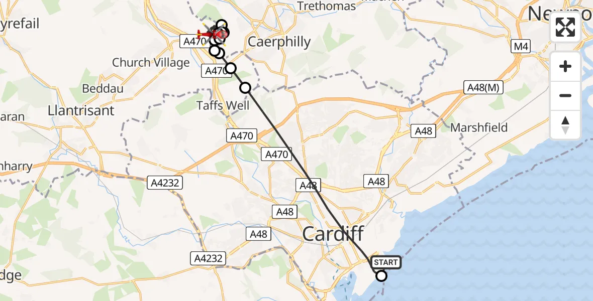 Flight path map showing Air Ambulance Helicopter route from Cardiff Heliport to Upper Boat