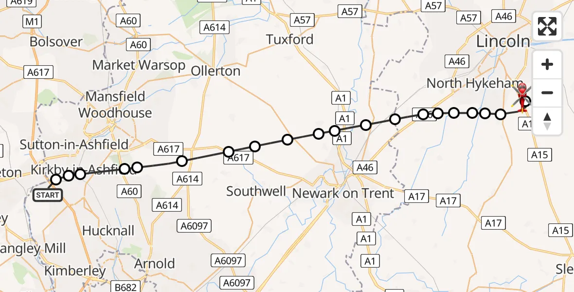 Flight path map showing Air Ambulance Helicopter route from Selston CP to North Kesteven