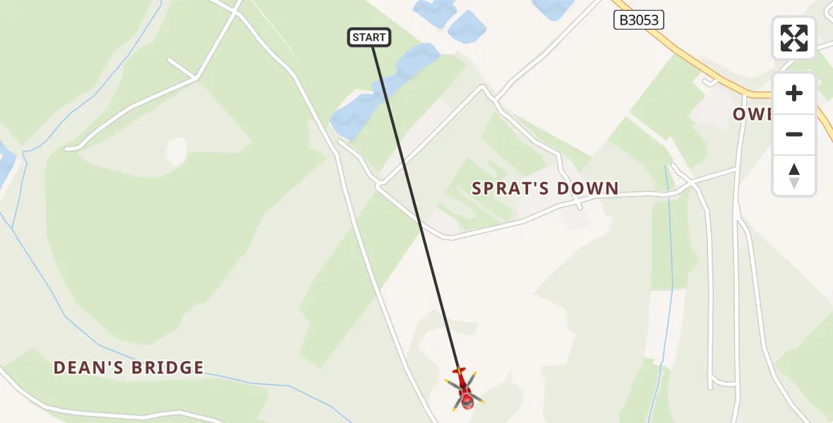 Flight path map showing Air Ambulance Helicopter route from Calshot to Calshot