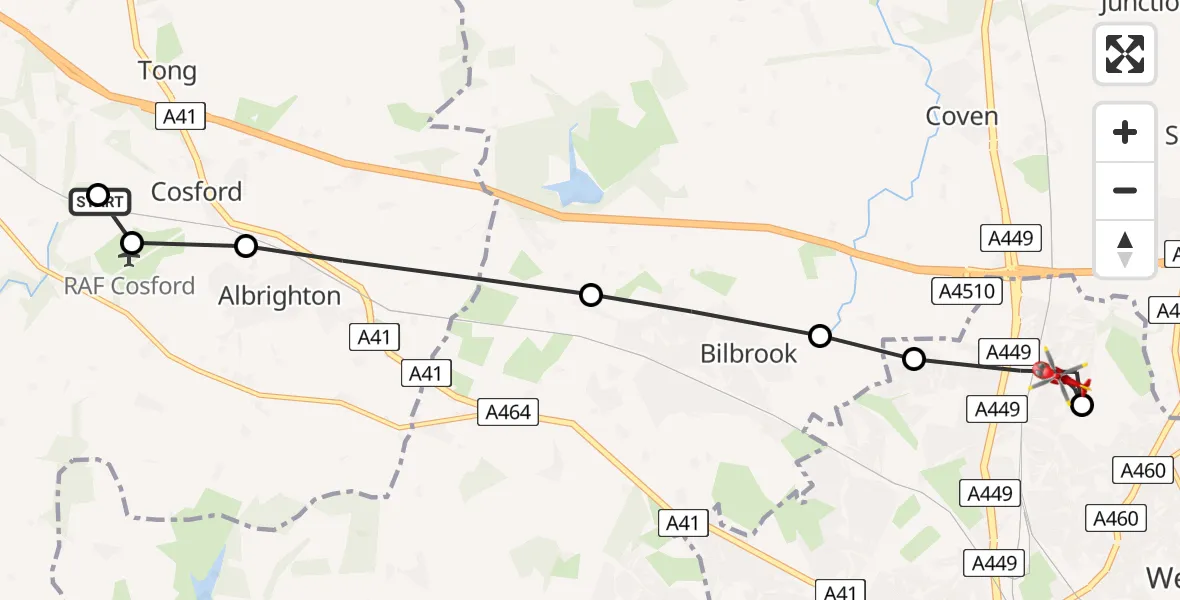 Flight path map showing Air Ambulance Helicopter route from RAF Cosford to Wednesfield