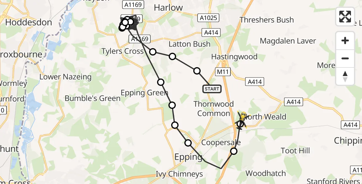 Flight path map showing Police Helicopter route from North Weald Bassett to North Weald Airfield