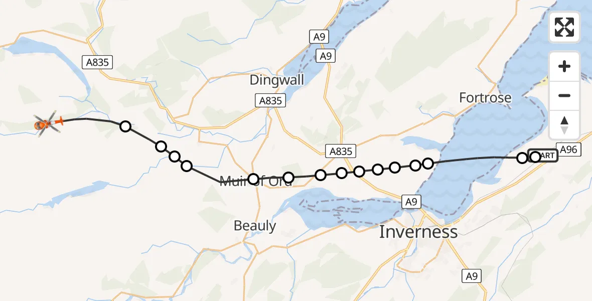 Flight path map showing Coastguard Helicopter route from Inverness Airport to Scatwell