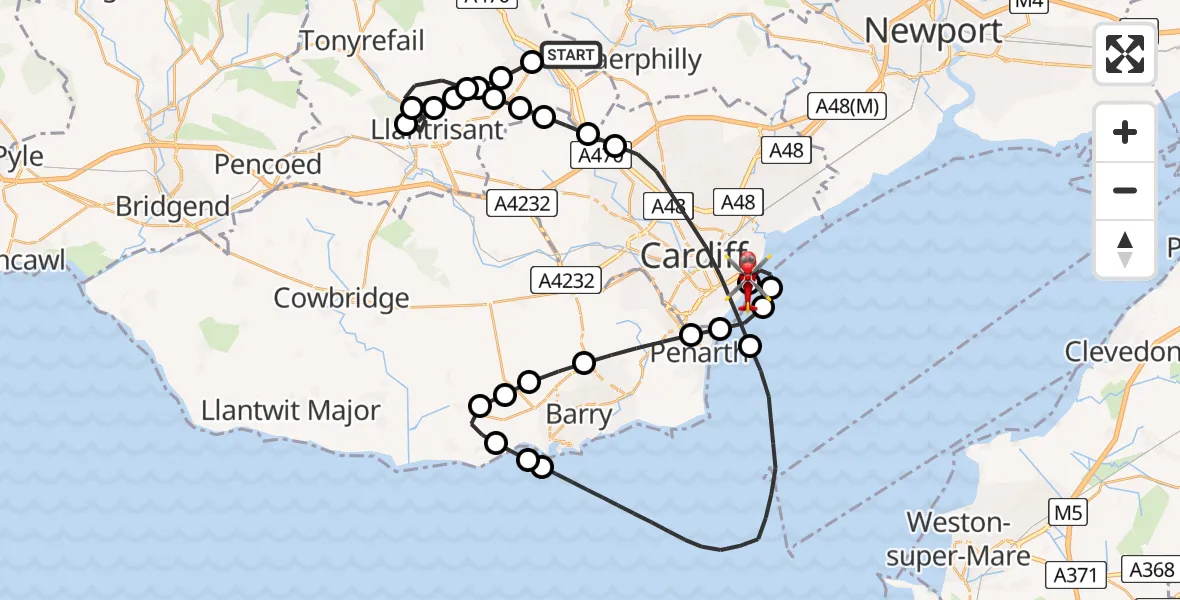 Flight path map showing Air Ambulance Helicopter route from Upper Boat to Cardiff Heliport