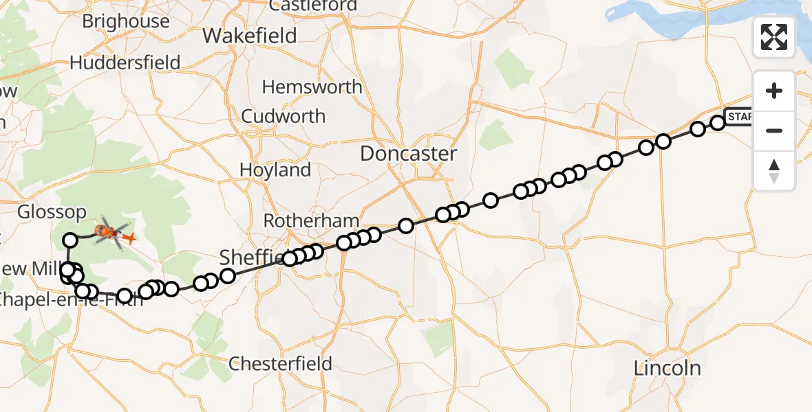 Flight path map showing Coastguard Helicopter route from Barnetby le Wold to High Peak