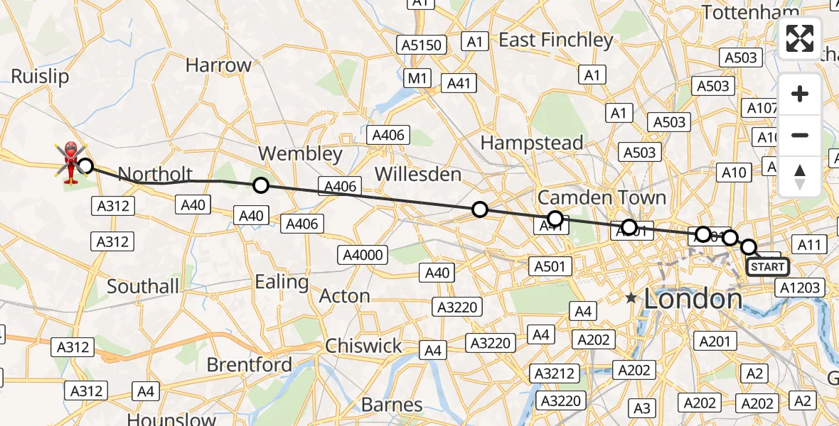 Flight path map showing Air Ambulance Helicopter route from Royal London Hospital to RAF Northolt
