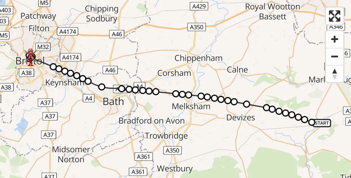 Routekaart van de vlucht: Air Ambulance Helicopter to Bristol Royal Infirmary