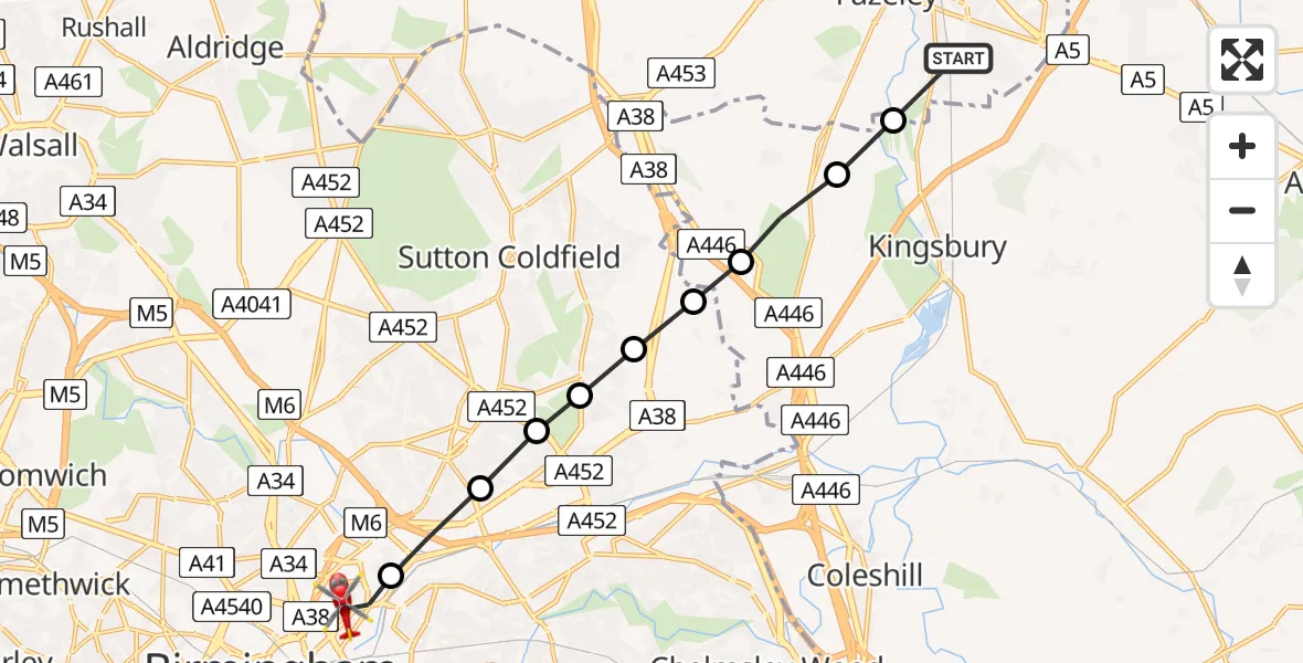 Flight path map showing Air Ambulance Helicopter route from Tamworth to Nechells