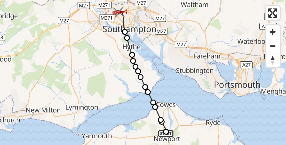 Flight path map showing Air Ambulance Helicopter route from St Marys Hospital Isle Of Wight to University Hospital Southampton