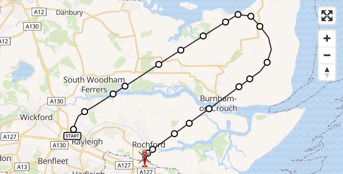 Flight path map showing Air Ambulance Helicopter route from Rayleigh to London Southend Airport