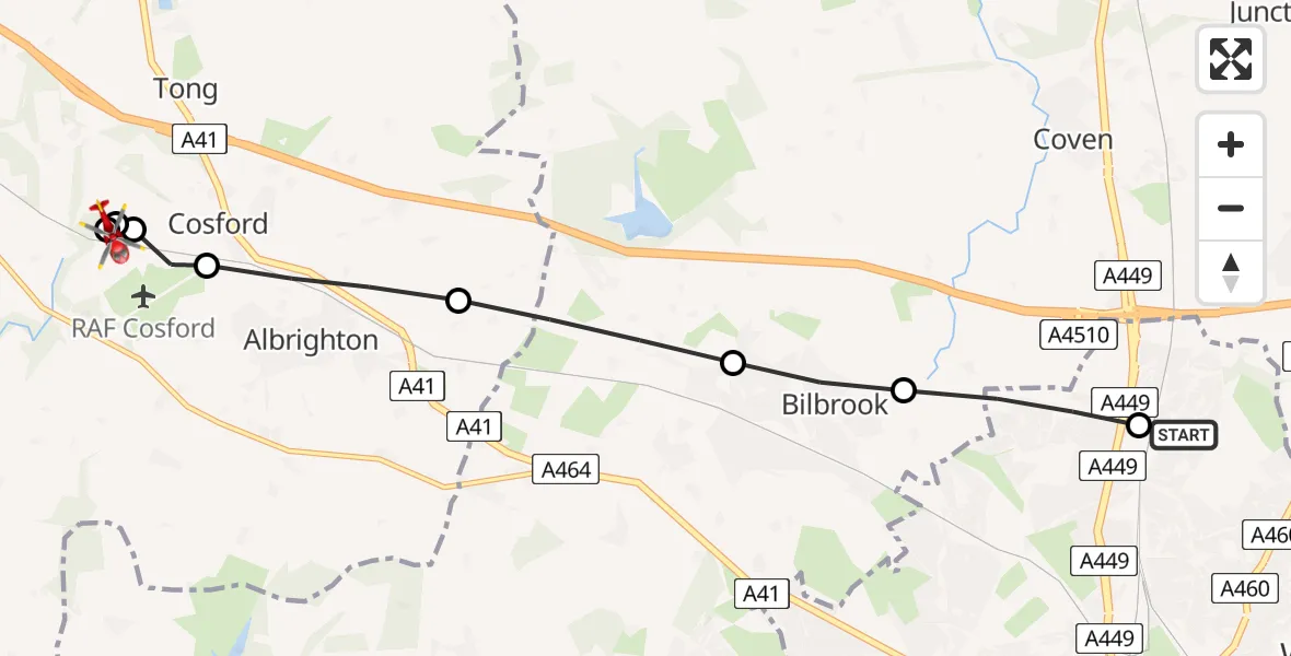 Flight path map showing Air Ambulance Helicopter route from Wednesfield to Cosford