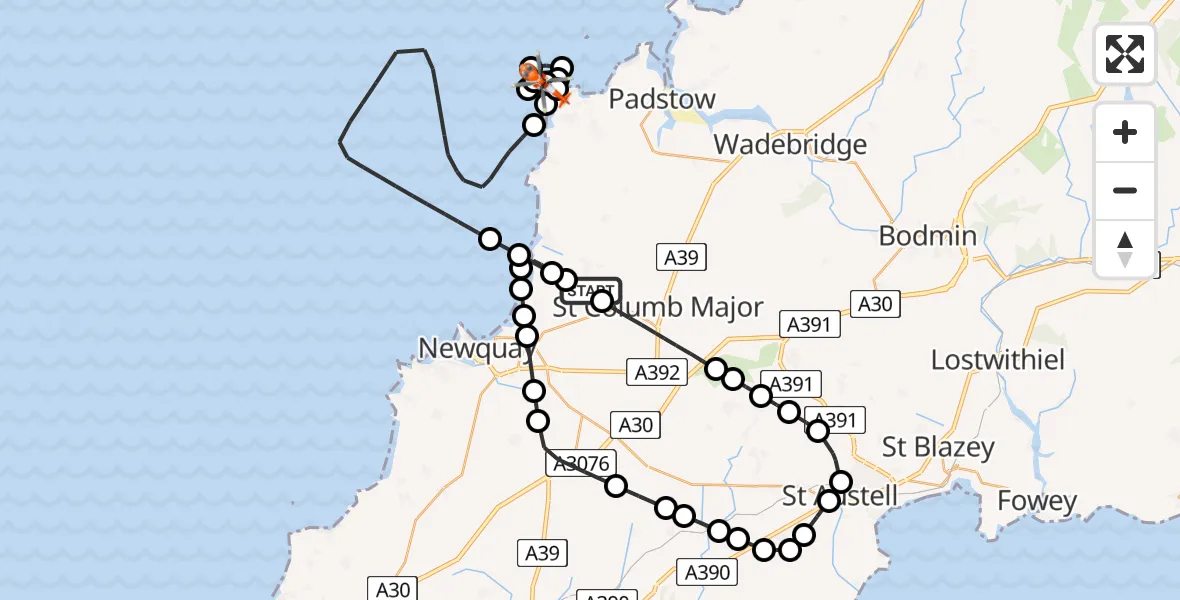 Flight path map showing Coastguard Helicopter route from Cornwall Airport Newquay to St. Merryn
