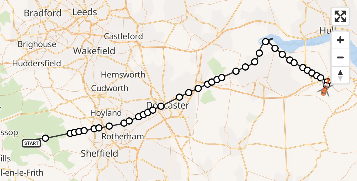 Flight path map showing Coastguard Helicopter route from High Peak to Humberside Airport