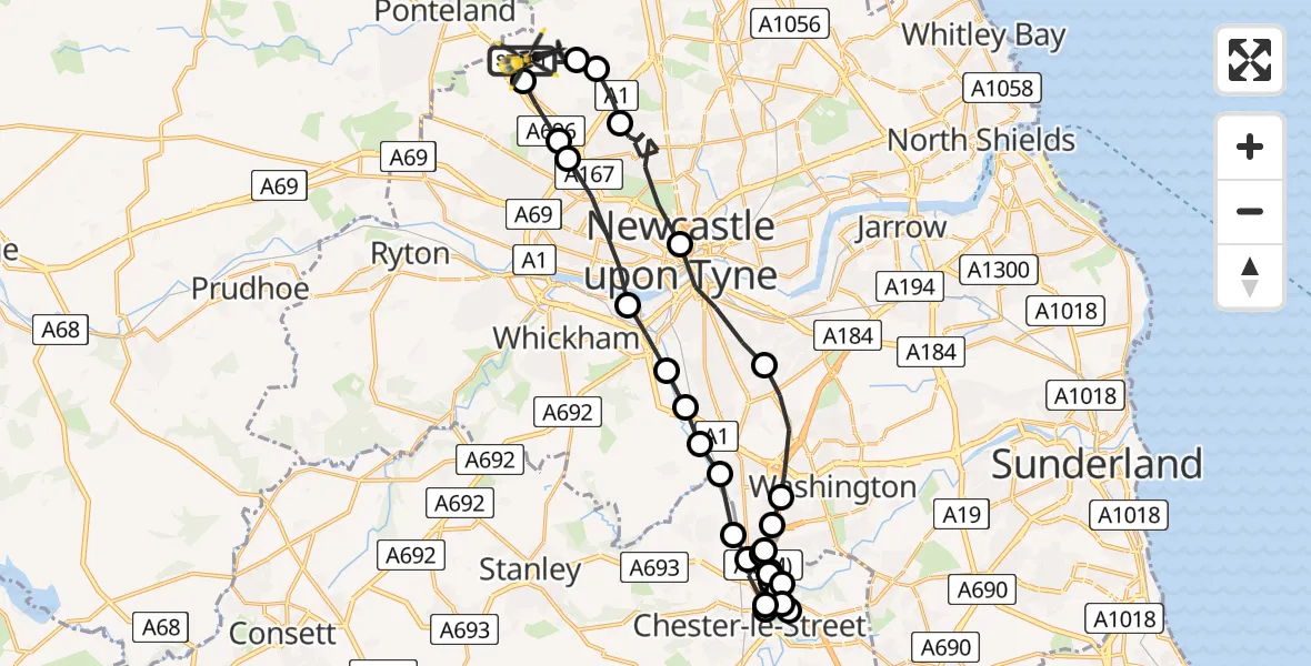 Flight path map showing Police Helicopter route from Newcastle International Airport to Newcastle International Airport