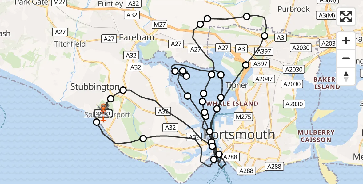Flight path map showing Coastguard Helicopter route from Solent Airport to Solent Airport