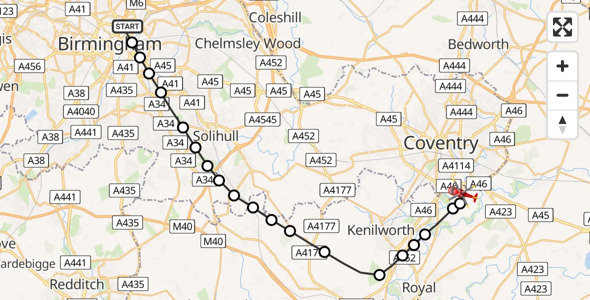 Flight path map showing Air Ambulance Helicopter route from Birmingham to Coventry Airport