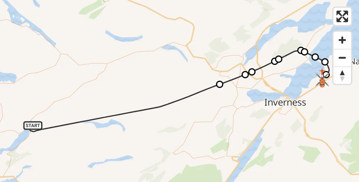 Flight path map showing Coastguard Helicopter route from Strathcarron to Inverness Airport