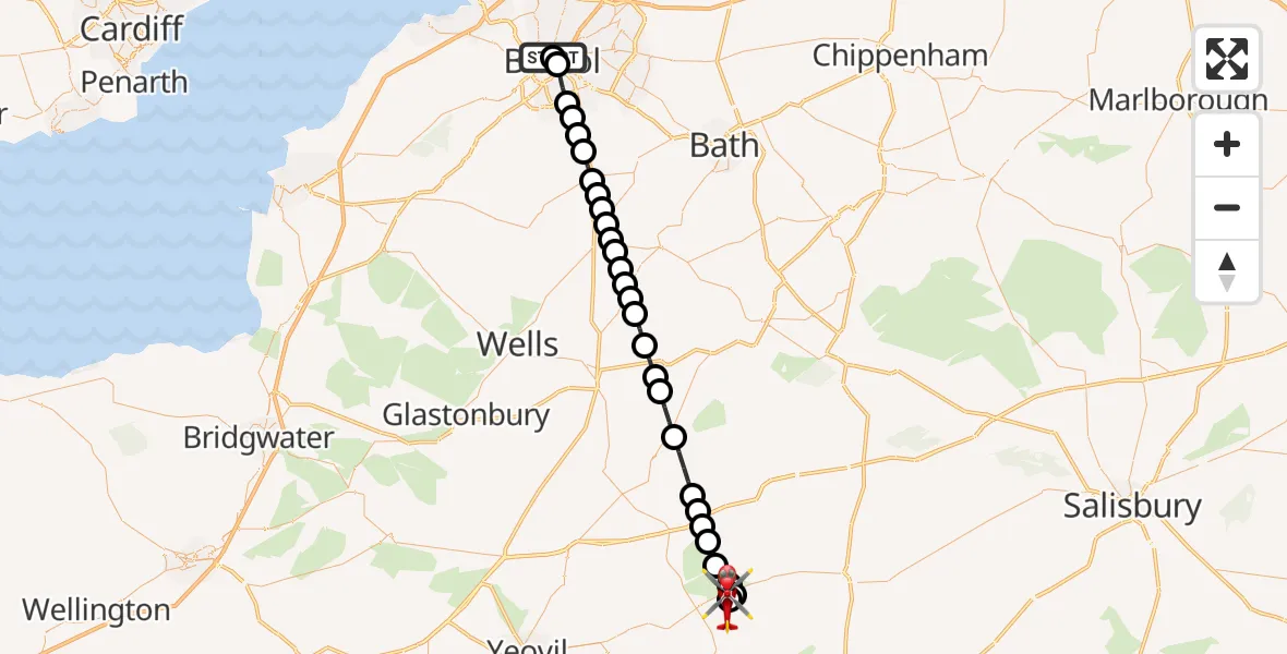 Flight path map showing Air Ambulance Helicopter route from Bristol Royal Infirmary to Henstridge Airfield