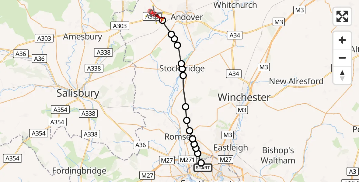 Flight path map showing Air Ambulance Helicopter route from University Hospital Southampton to Thruxton