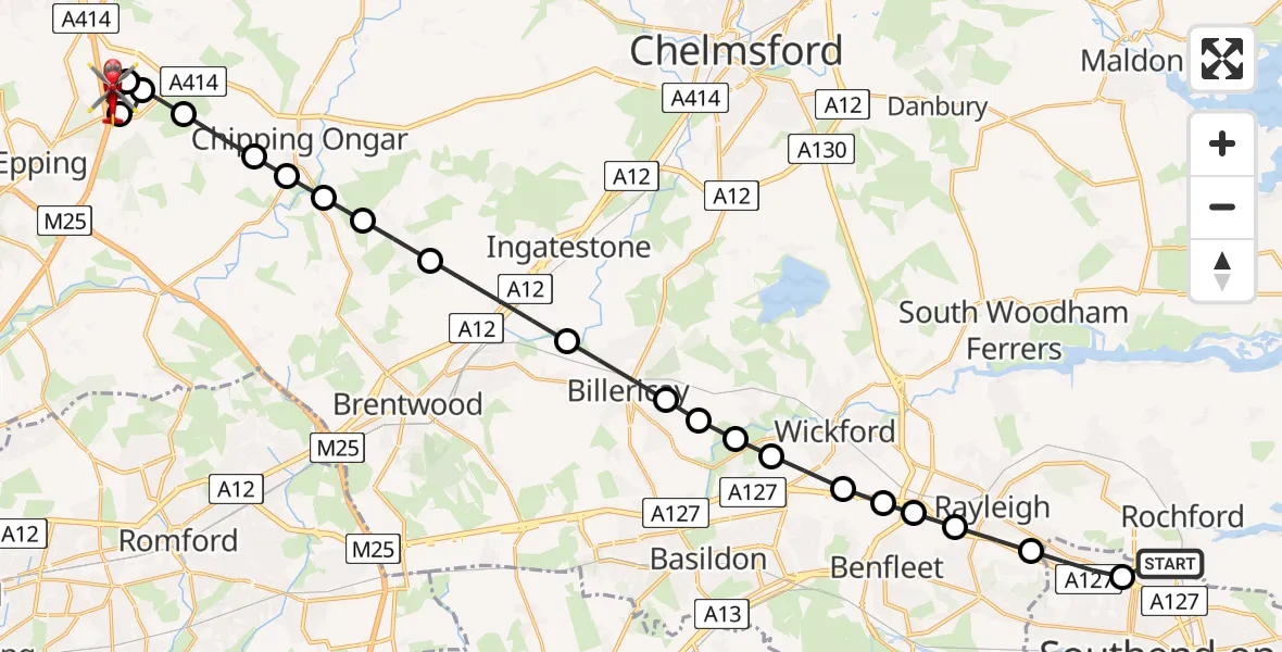 Flight path map showing Air Ambulance Helicopter route from London Southend Airport to North Weald Airfield