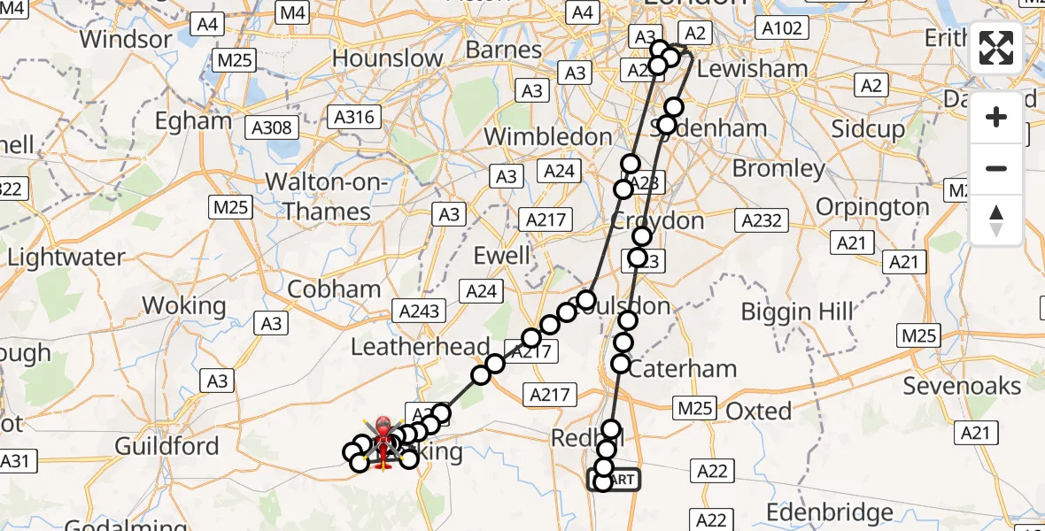 Flight path map showing Air Ambulance Helicopter route from Redhill Aerodrome to Mole Valley