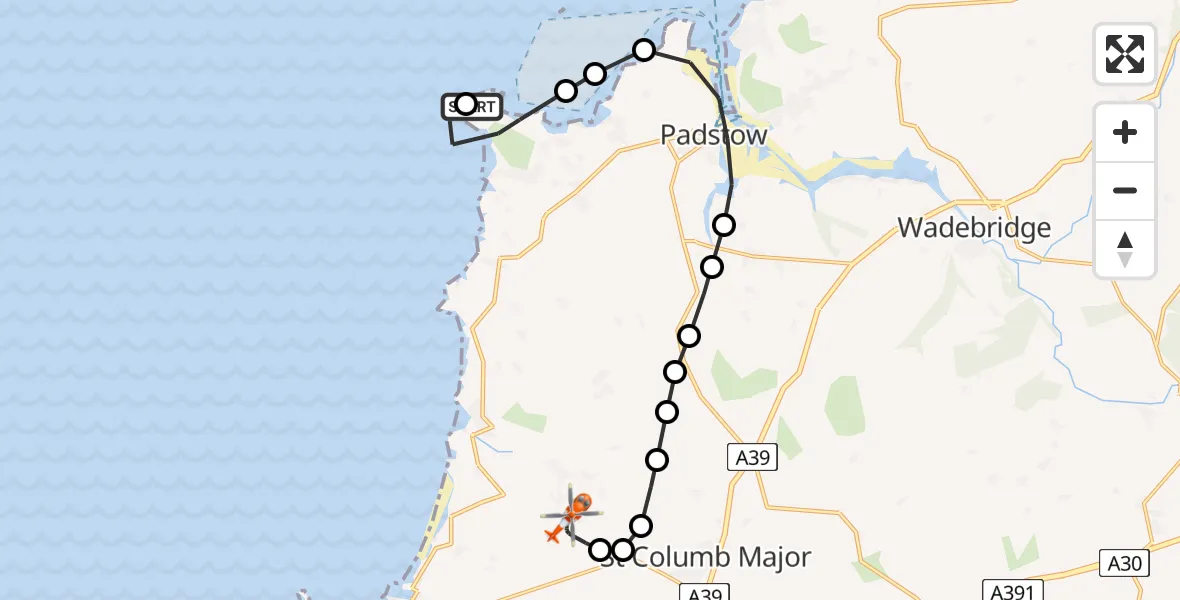 Flight path map showing Coastguard Helicopter route from St. Merryn to Cornwall Airport Newquay