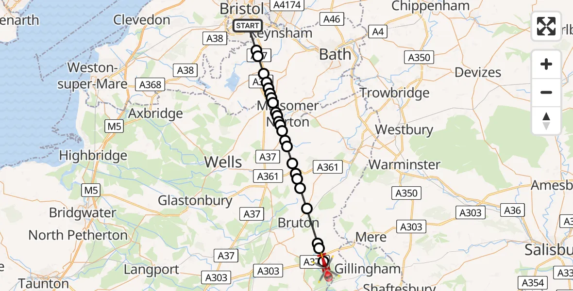 Routekaart van de vlucht: Air Ambulance Helicopter to Wincanton, Moor Lane