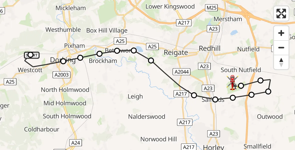 Flight path map showing Air Ambulance Helicopter route from Mole Valley to Redhill Aerodrome