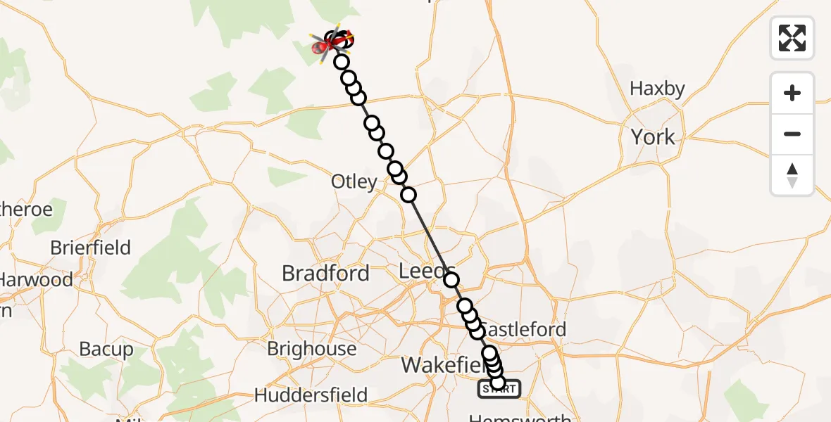 Flight path map showing Air Ambulance Helicopter route from YAA Nostell Helicopter Port to Glasshouses