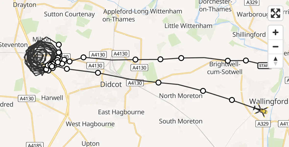 Flight path map showing Police Helicopter route from Shillingford to Crowmarsh Gifford