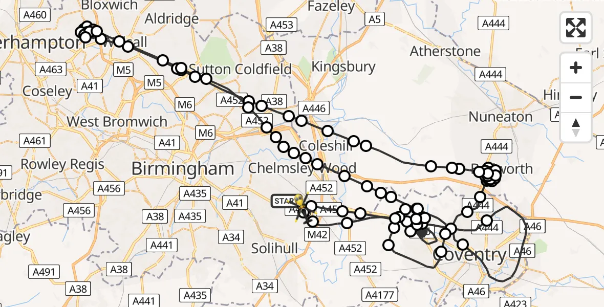 Flight route Police Helicopter Birmingham Airport - Birmingham Airport, 26 March 2026, 21:06