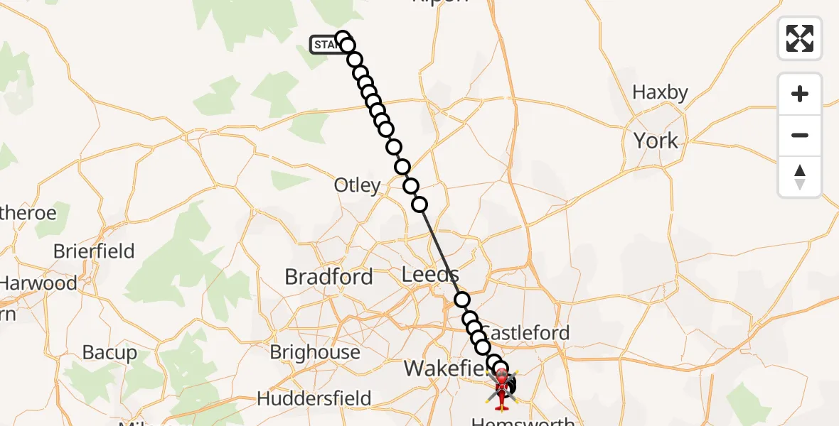 Flight path map showing Air Ambulance Helicopter route from Pateley Bridge to YAA Nostell Helicopter Port