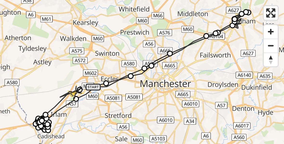Flight path map showing Police Helicopter route from Worsley to Manchester Barton Aerodrome