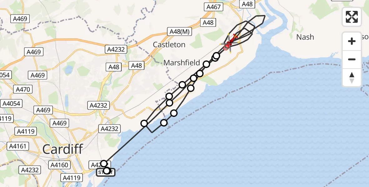 Flight path map showing Air Ambulance Helicopter route from Cardiff Heliport to Newport