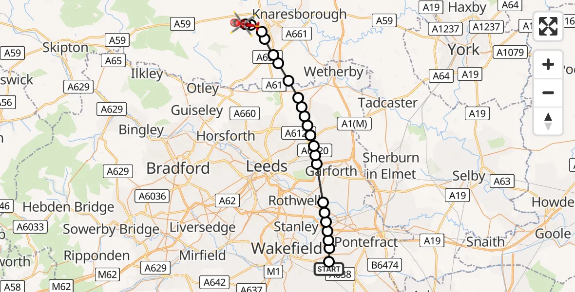 Flight path map showing Air Ambulance Helicopter route from YAA Nostell Helicopter Port to Harrogate