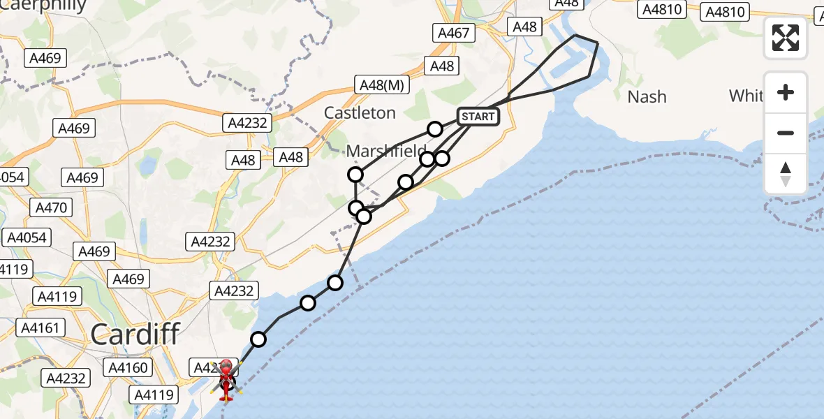 Flight path map showing Air Ambulance Helicopter route from Newport to Cardiff Heliport