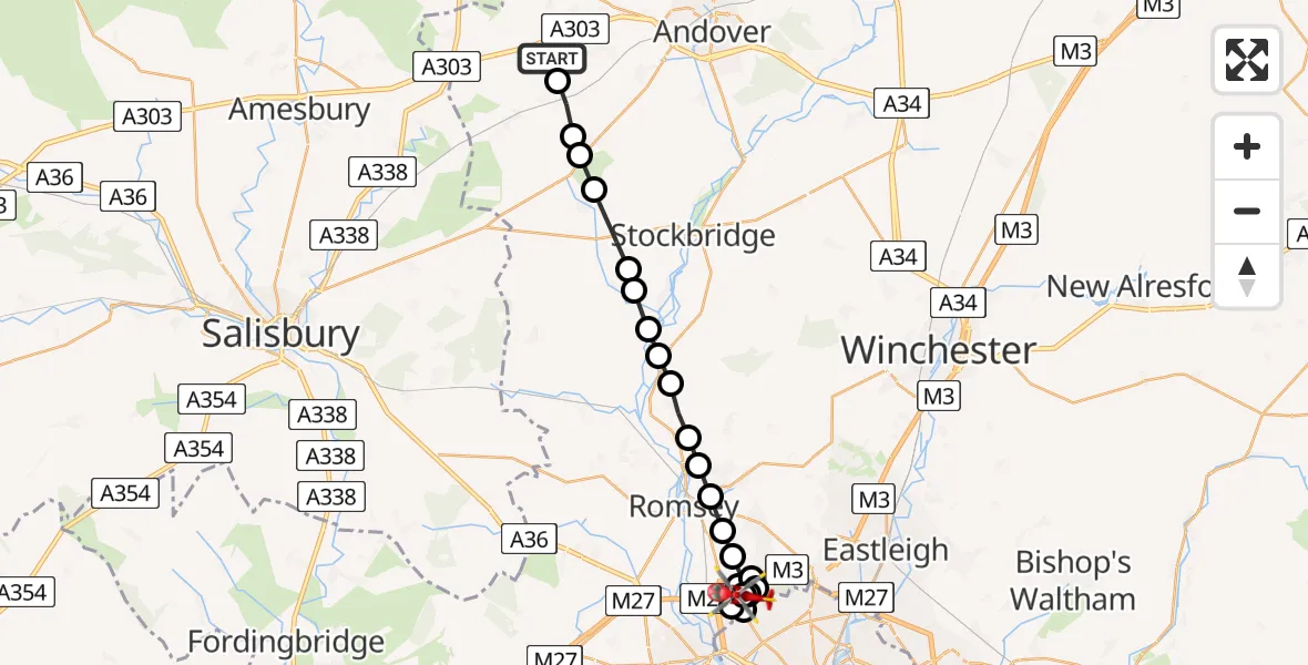 Flight path map showing Air Ambulance Helicopter route from Thruxton to Rownhams