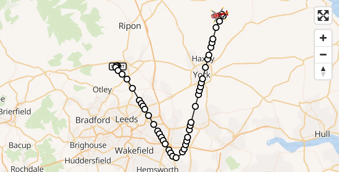 Flight path map showing Air Ambulance Helicopter route from Killinghall to Hovingham