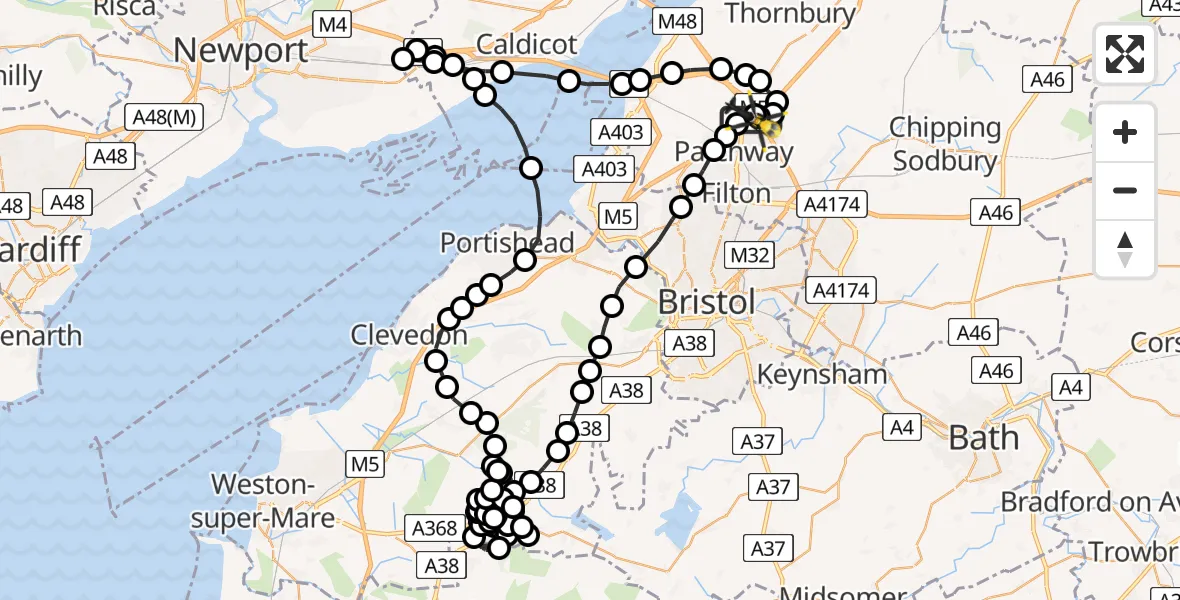 Flight path map showing Police Helicopter route from Almondsbury Helicopter Base to Almondsbury Helicopter Base