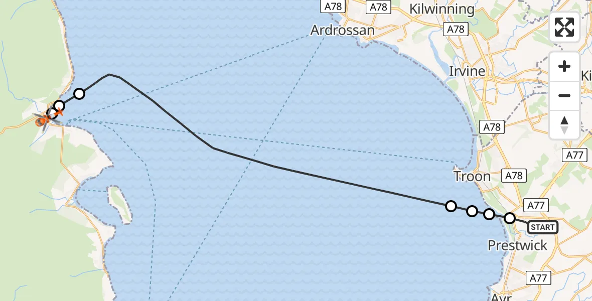 Flight path map showing Coastguard Helicopter route from Glasgow Prestwick Airport to Brodick