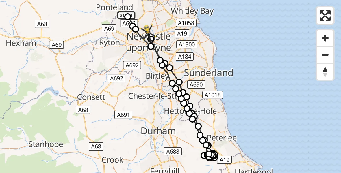 Flight path map showing Police Helicopter route from Newcastle International Airport to Newcastle upon Tyne