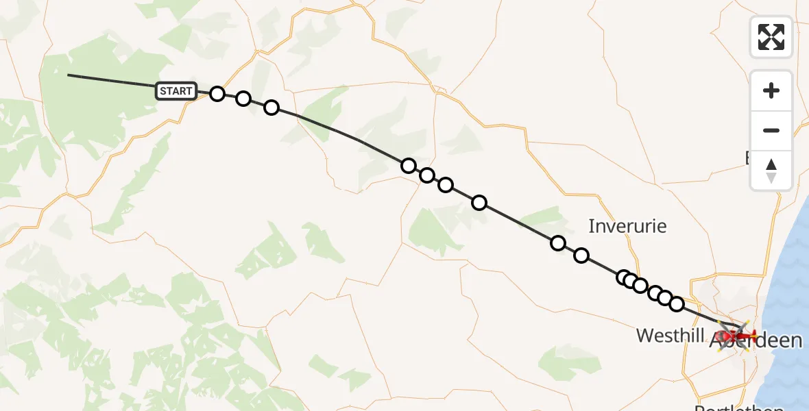 Flight path map showing Air Ambulance Helicopter route from Marypark to Aberdeen City