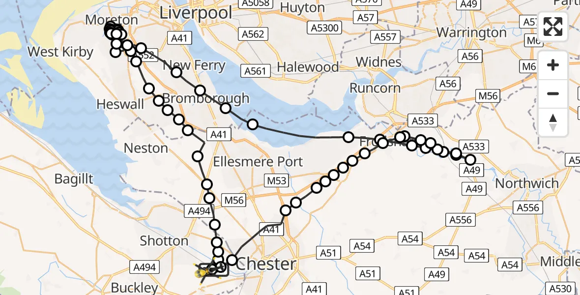 Flight path map showing Police Helicopter route from Hawarden Airport to Hawarden Airport
