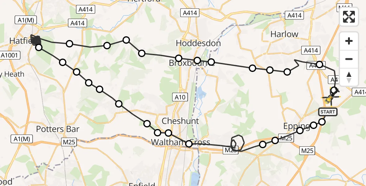 Flight path map showing Police Helicopter route from North Weald Airfield to North Weald Airfield