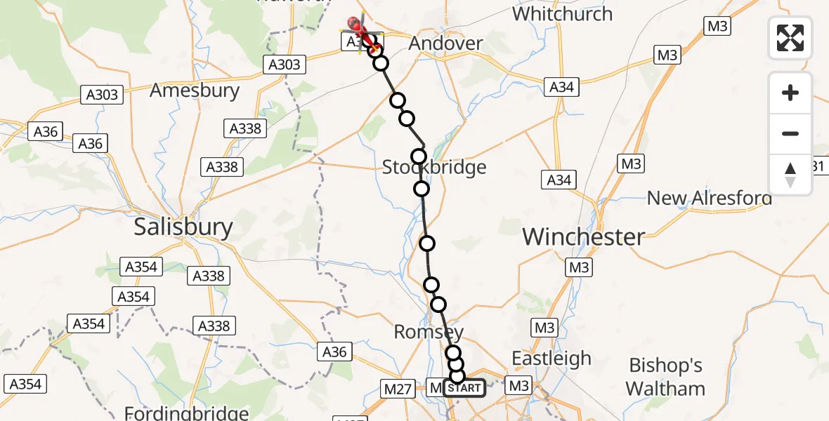 Flight path map showing Air Ambulance Helicopter route from Rownhams to Fyfield