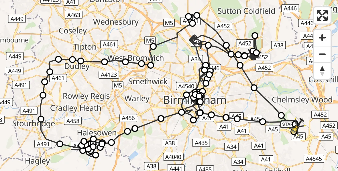 Flight route Police Helicopter Birmingham Airport - Birmingham Airport, 27 March 2026, 00:03