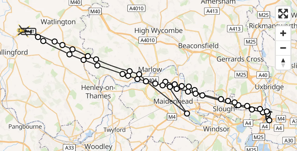 Flight path map showing Police Helicopter route from Ewelme to Ewelme