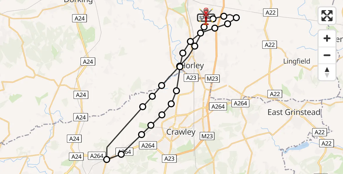 Flight path map showing Air Ambulance Helicopter route from Redhill Aerodrome to Redhill Aerodrome