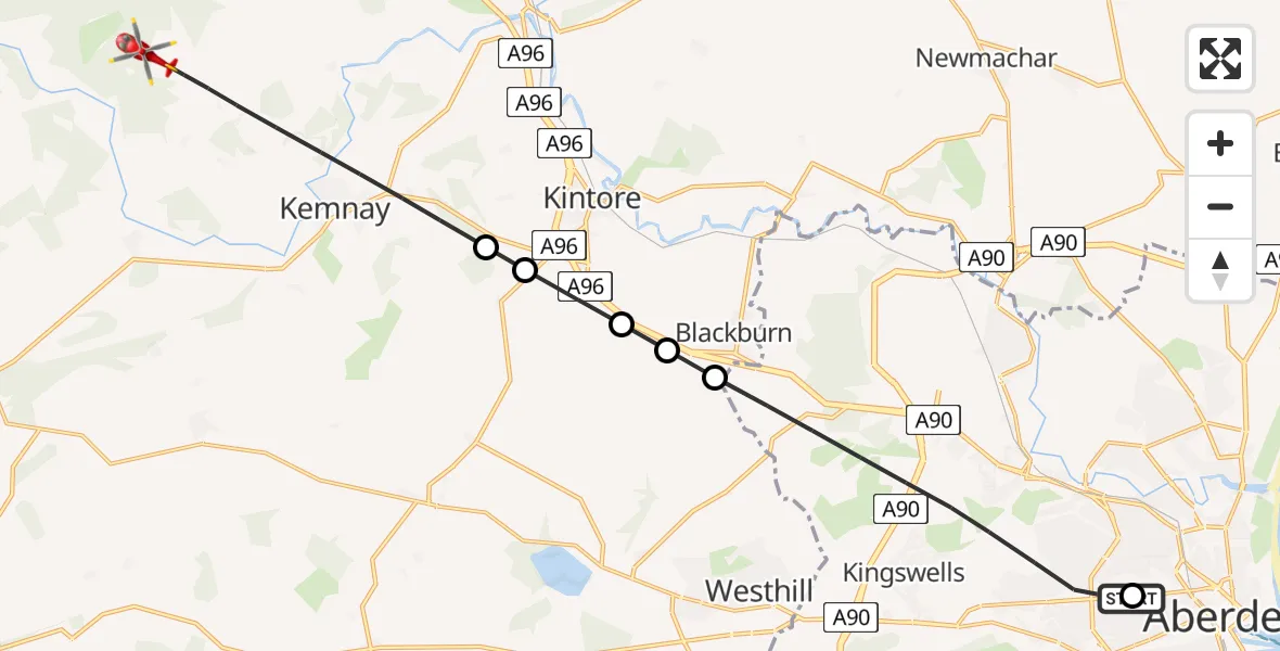 Flight path map showing Air Ambulance Helicopter route from Aberdeen Royal Infirmary Helistrip to Inverurie