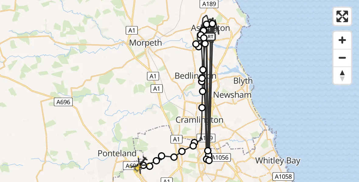 Flight path map showing Police Helicopter route from Ashington to Newcastle International Airport
