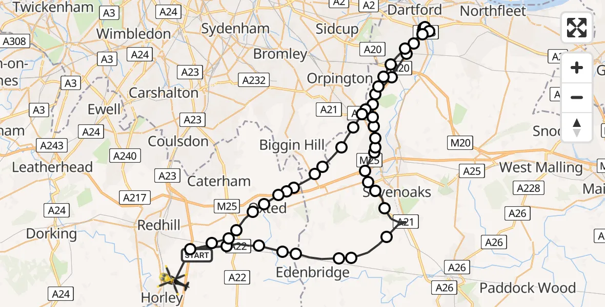 Flight path map showing Police Helicopter route from Tandridge to Salfords